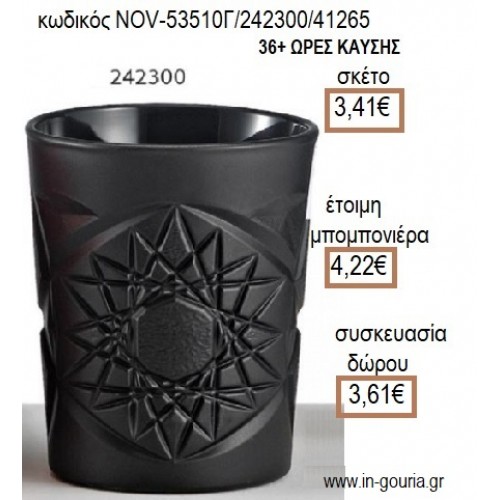 ΚΕΡΙ ΣΕ ΓΥΑΛΙΝΟ ΠΟΤΗΡΙ ΜΕ ΣΧΕΔΙΟ ΧΡΩΜΑ ΜΑΥΡΟ ΜΑΤ για μπομπονιέρες - γούρια NOV-53510/Γ-242300/41265 3.41€!!!