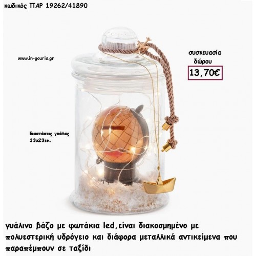 ΥΔΡΟΓΕΙΟΣ  ΣΕ ΓΥΑΛΙΝΟ ΒΑΖΟ ΜΕ LED ΦΩΤΑΚΙΑ για γούρι - δώρο ΠΑΡ-19262/41890 13.70€
