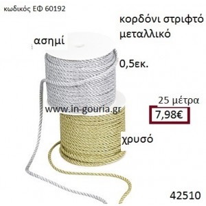 ΚΟΡΔΟΝΙ ΜΕΤΑΛΛΙΚΟ ΣΤΡΙΦΤΟ 25 μέτρων 0.5εκ. για γούρια-αμπαλάζ ΕΦ-60192